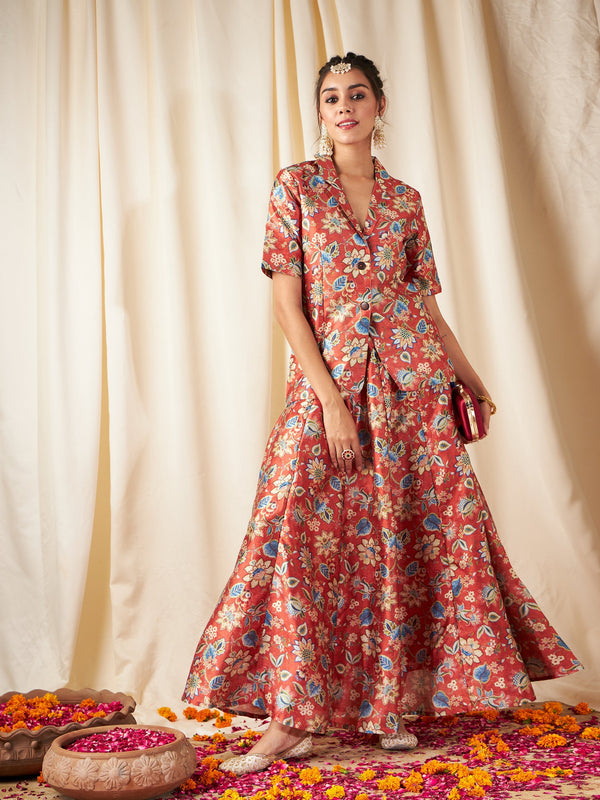Women Orange Floral Anarkali Skirt With Blazer | WomensFashionFun