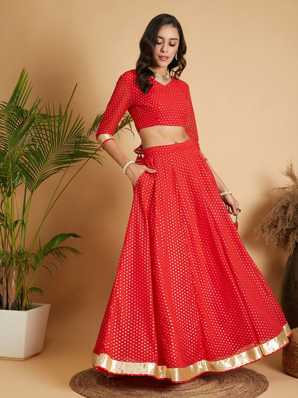 Women Red Dot Foil Print Anarkali Skirt With Crop Top | WomenFashionFun
