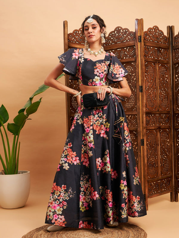 Women Black Floral Anarkali Skirt With Crop Top | WomensFashionFun