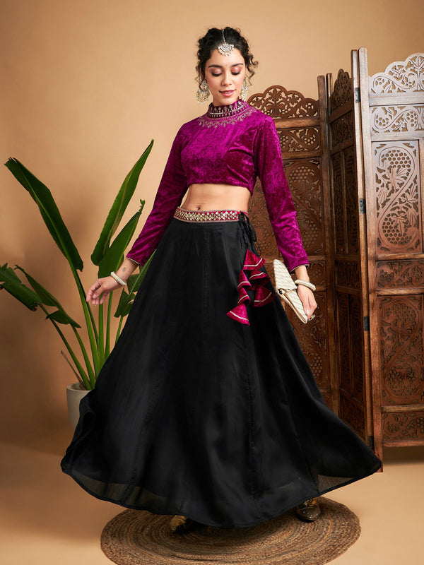 Women Black Solid Skirt With Fuchsia Velvet Crop Top | WomensFashionFun