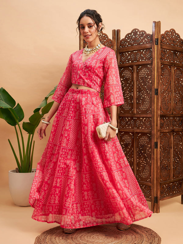 Women Pink Floral Anarkali Skirt With Wrap Crop Top | WomensFashionFun