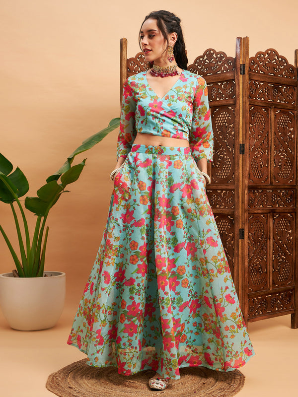 Women Blue Floral Anarkali Skirt With Wrap Crop Top | WomensFashionFun