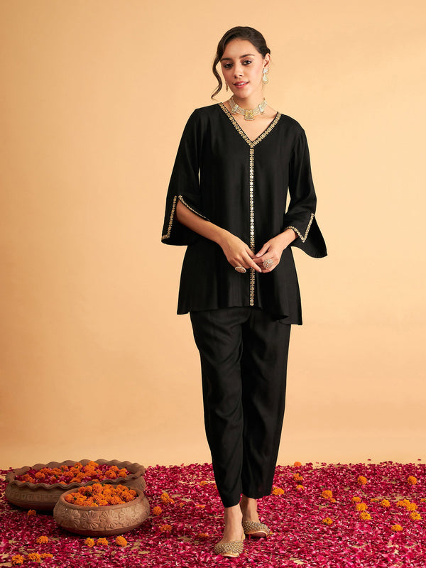 Women Black Embroidered A Line Top With Straight Pants | WomensFashionFun