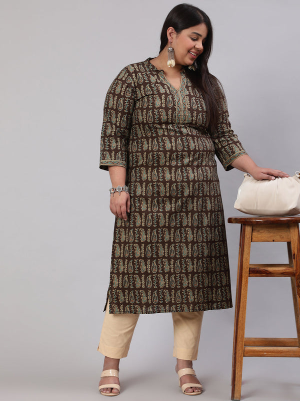 Plus Size Women  Dark Brown Printed Straight kurta with Three Quarters Sleeves | WOMENSFASHIONFUN