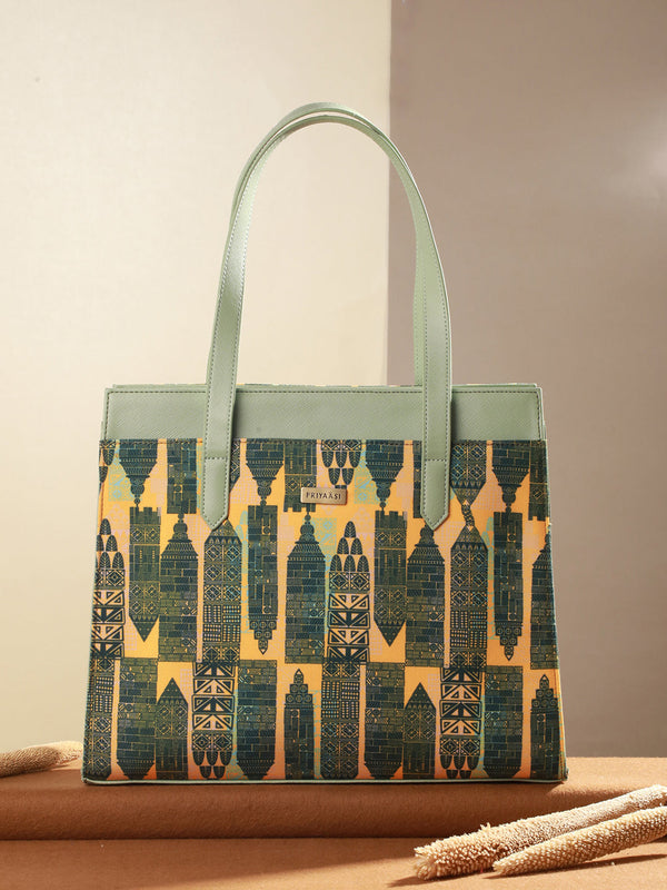 Vintage High Green & Yellow Printed Tote Bag | WOMENSFASHIONFUN