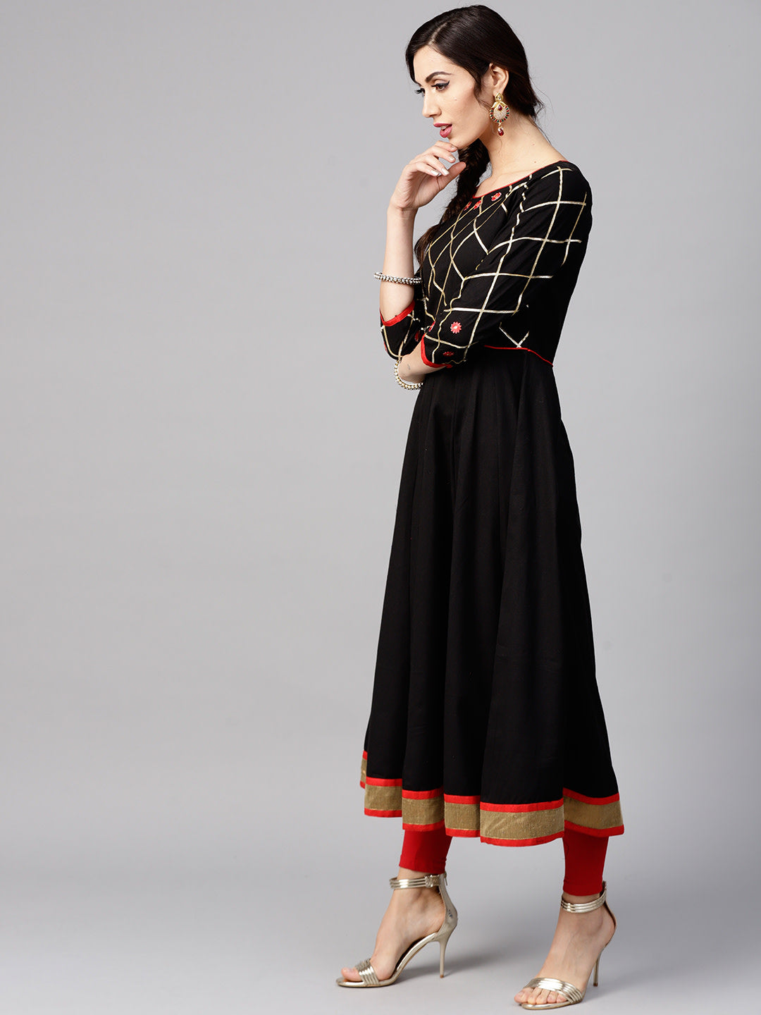 Women Black yoke design A-line kurta with gotta patti and floral appliques