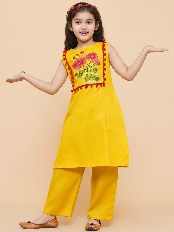 Girls Mustard Yellow Floral Embroidered Kurta With Palazzo | womensfashionfun