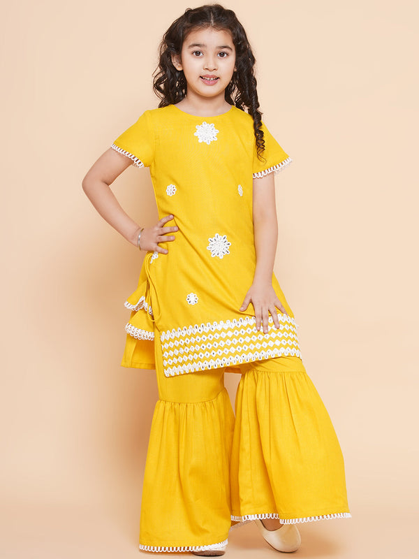 Girls Yellow Thread Work Embroidered Kurta With Sharara | womensfashionfun