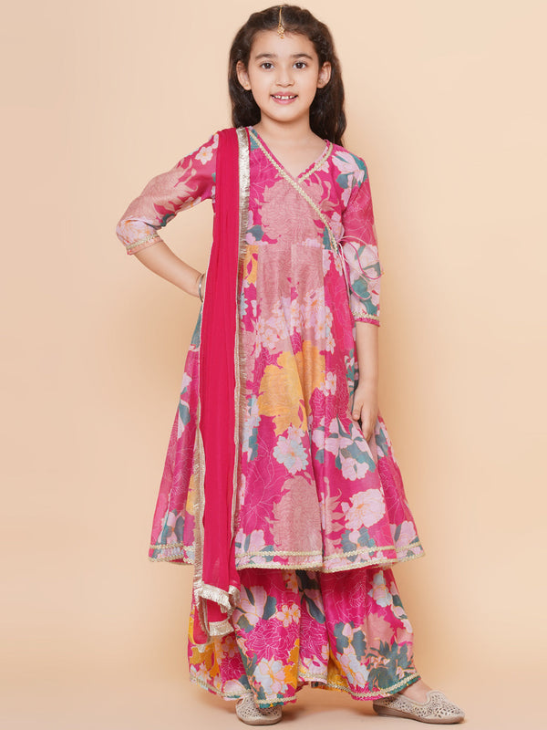 Girls Pink Floral Printed Angrakha Gotta Patti Kurta & Sharara set  With Dupatta | womensfashionfun