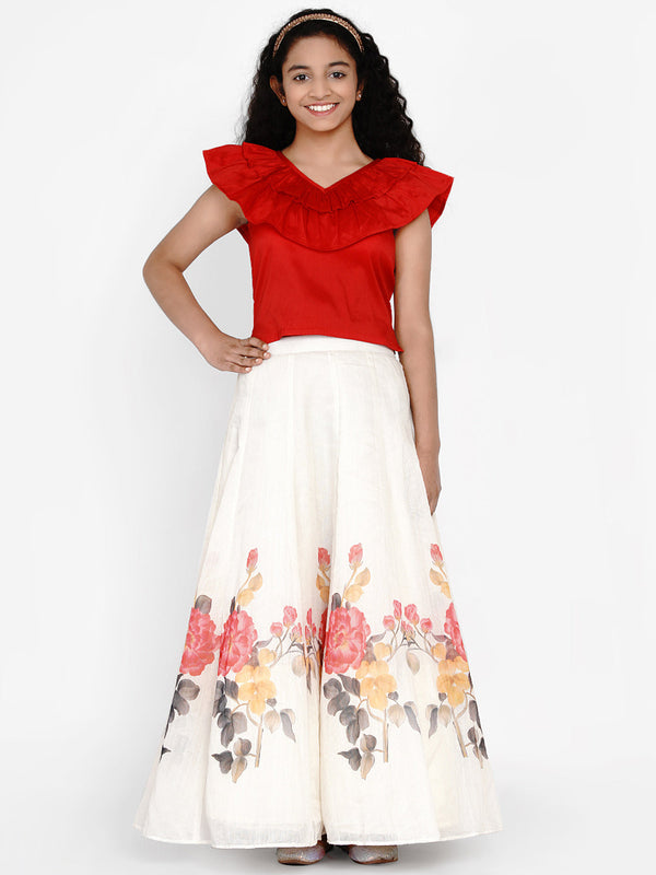 Girls Red & White Printed Ready To Wear Lehenga & Blouse | WomensfashionFun.com