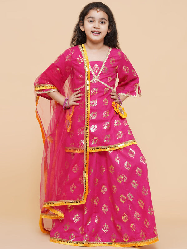 Girls Pink Foil Printed Ready To Wear Lehenga & Blouse With Dupatta | WomensfashionFun.com