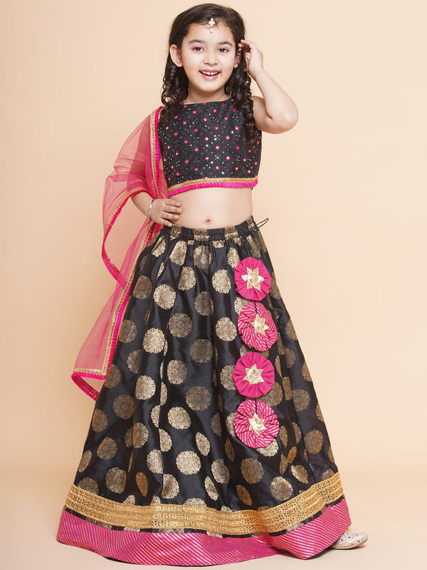 Girls Black & Gold-Toned Embroidered Ready To Wear Lehenga & Blouse With Dupatta | WomensfashionFun.com