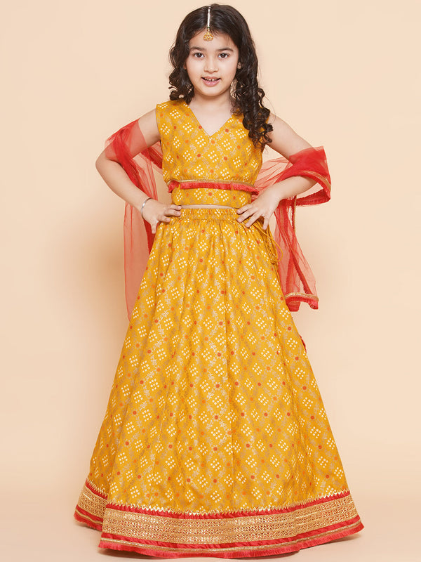Girls Yellow Mustard Bandhej Printed Lace Work Lehanga,Choli With Dupatta. | womensfashionfun