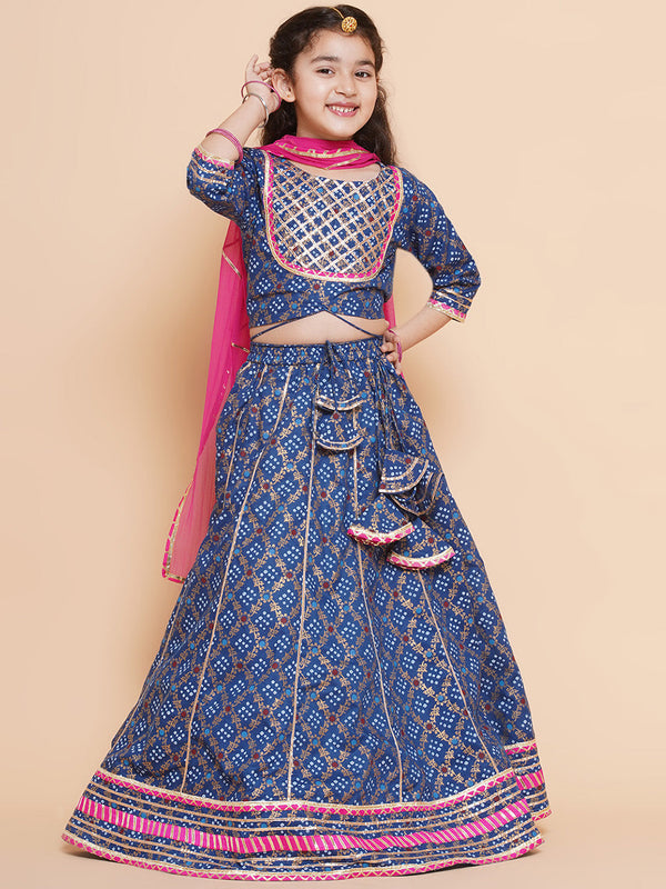 Girls Blue & Pink Printed Ready To Wear Lehenga & Blouse With Dupatta | womensfashionfun