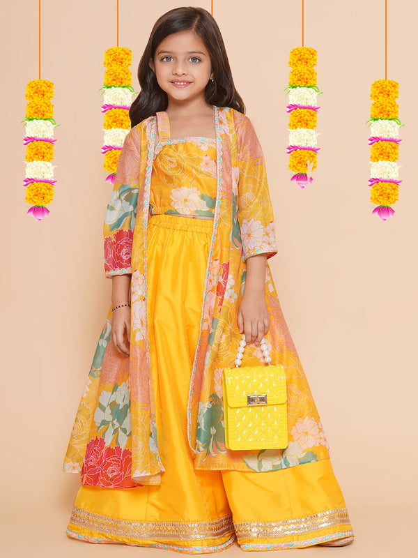 Girls Yellow Floral Print Top & Shrug With Ready to wear Skirts | womensfashionfun