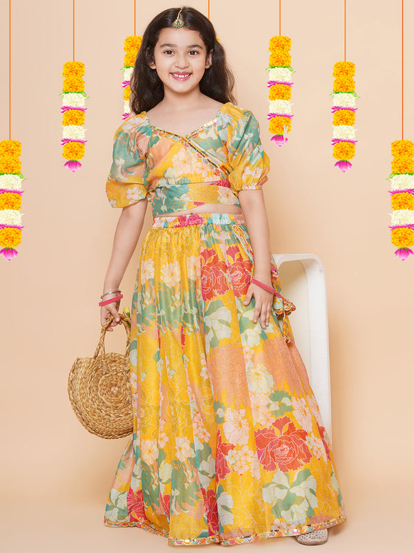 Girls Yellow Flower Digital Print Lace work Choli with Ready to wear Lehenga. | womensfashionfun