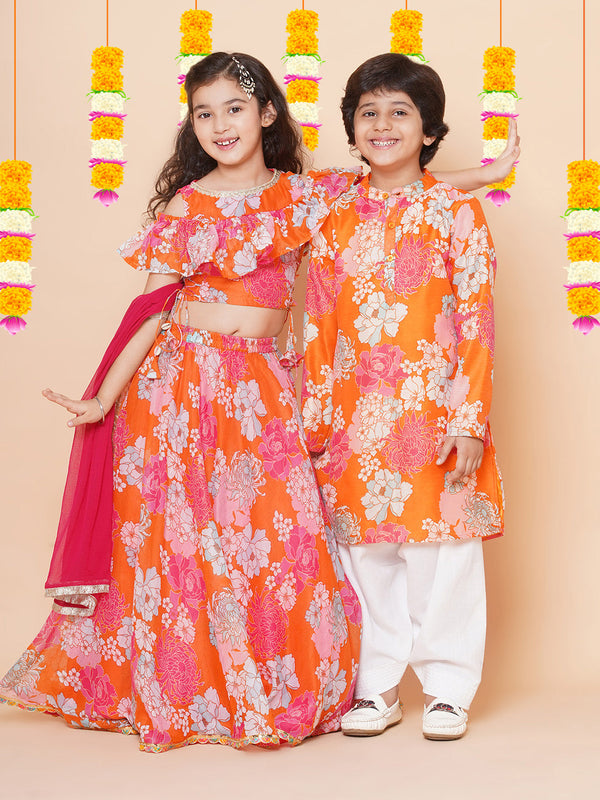 Girls Orange & Pink Flower Digital Print Choli Ready to wear Lehenga with Dupatta | womensfashionfun