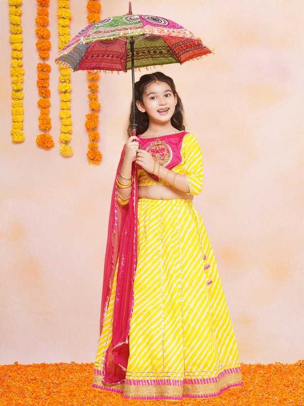 Girls Yellow Leheriya Printed Lehenga & Pink Embroidered Choli with Dupatta | womensfashionfun
