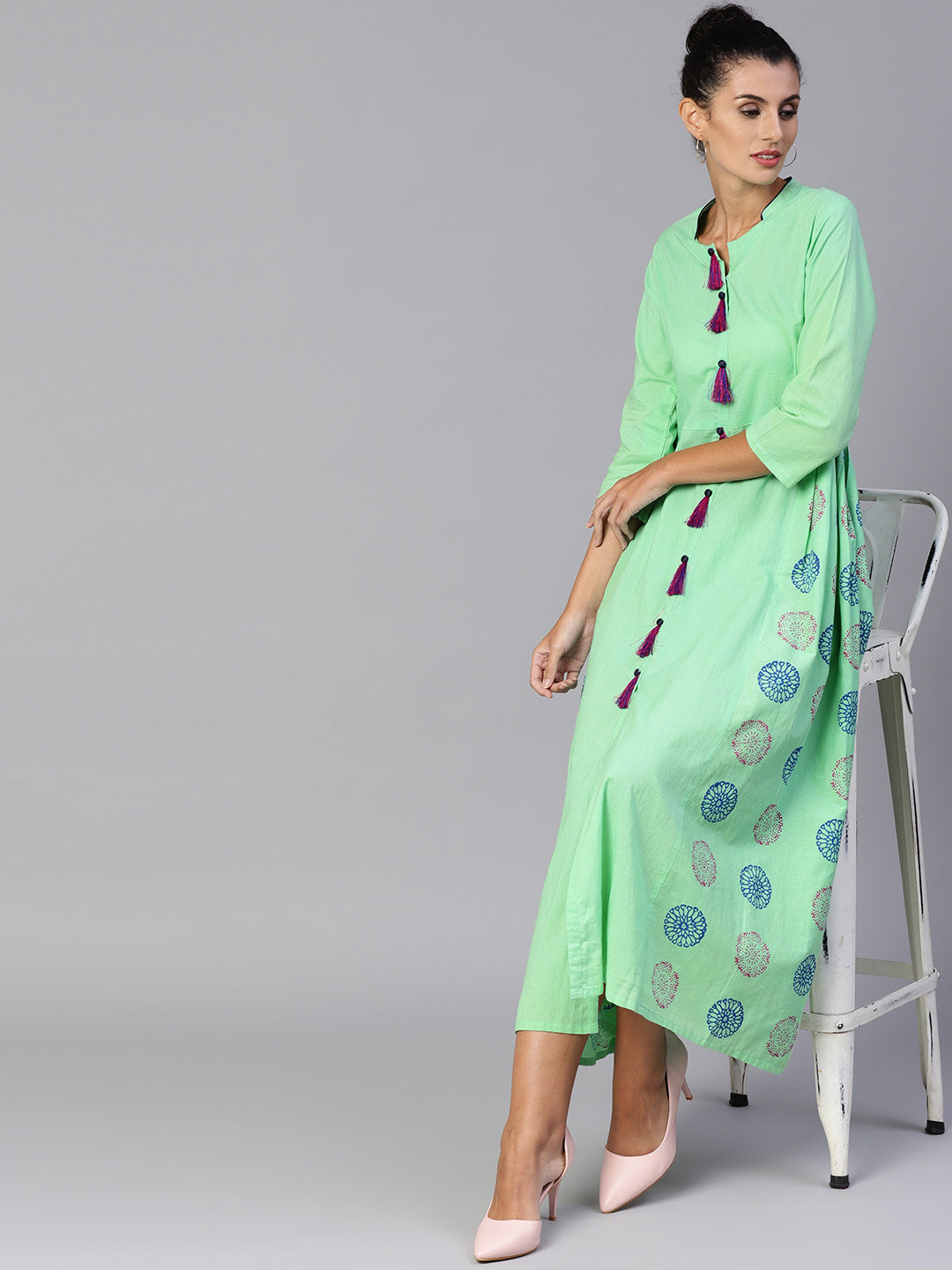 Women Sea green printed woven midi fit and flare dress