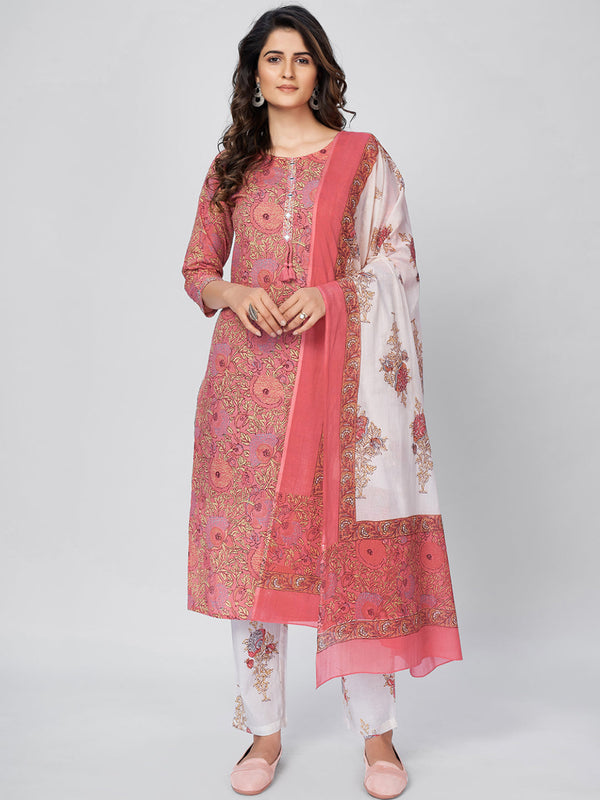 Women's Pink Cotton Kurta & Pant With Dupatta- (3pcs set) | WomensFashionFun