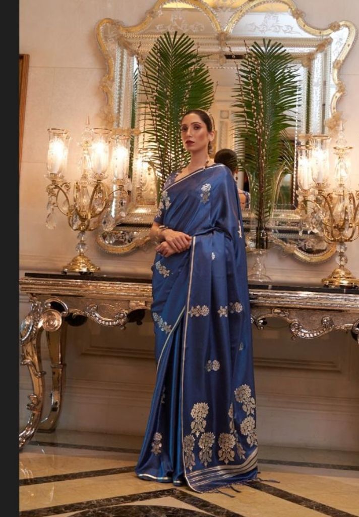 Blue Fancy Satin Weaving Designer Silk Saree