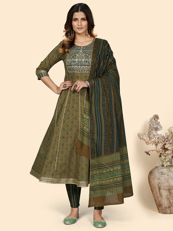 Women's Mehndi Green Embroidered Anarkali Kurta & Pant With Dupatta- (3pcs set) | WomensFashionFun.com