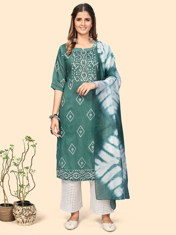 Women's Batik Print & Mirror Straight Chanderi Turquoise Stitched Kurta With Dupatta | WomensFashionFun.com