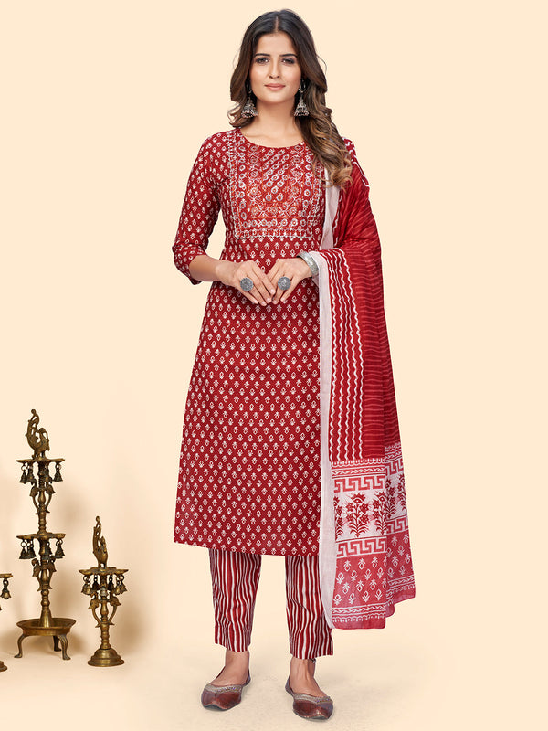 Women's Print & Embroidered Straight Cotton Red Stitched Kurta Pant With Dupatta | WomensFashionFun.com