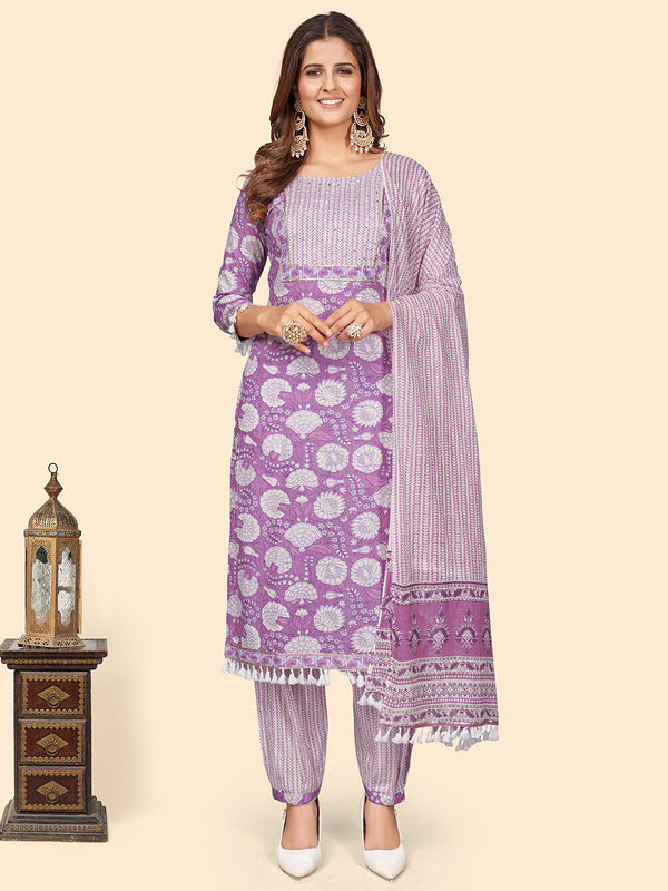 Women's Print & Sequience Straight Cotton Lavender Stitched Kurta Pant With Dupatta | WomensFashionFun