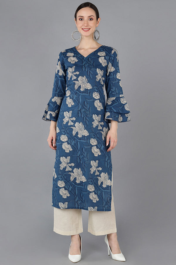 Women Rayon Blend Printed Simple Function Wear Navy Blue Color Kurti  | WomensfashionFun
