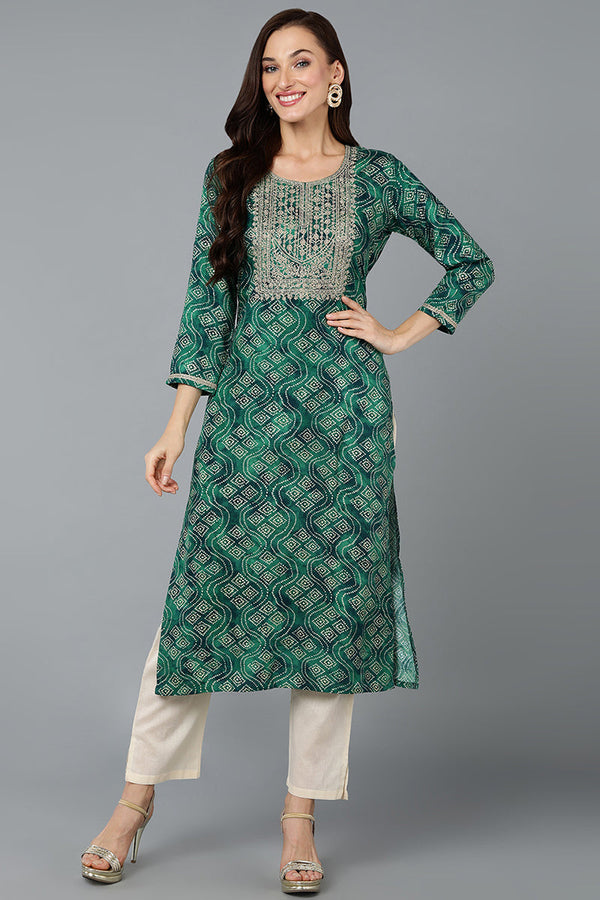 Cotton Blend Green Bandhani Print Straight Kurta | WomensfashionFun.com
