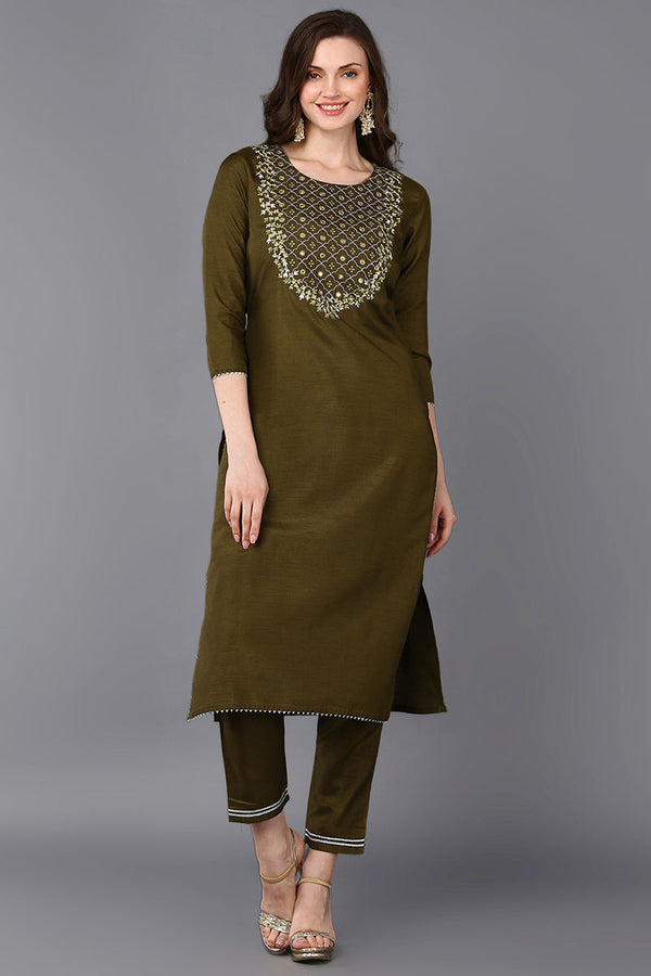 Mehndi Green Silk Blend Embroidered Straight Kurta  | WomensfashionFun