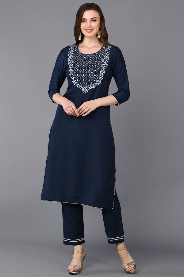 Navy Blue Silk Blend Embroidered Straight Kurta | WomensfashionFun.com