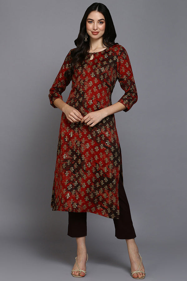 Red Silk Blend Ethnic Motifs Straight Kurta  | WomensfashionFun