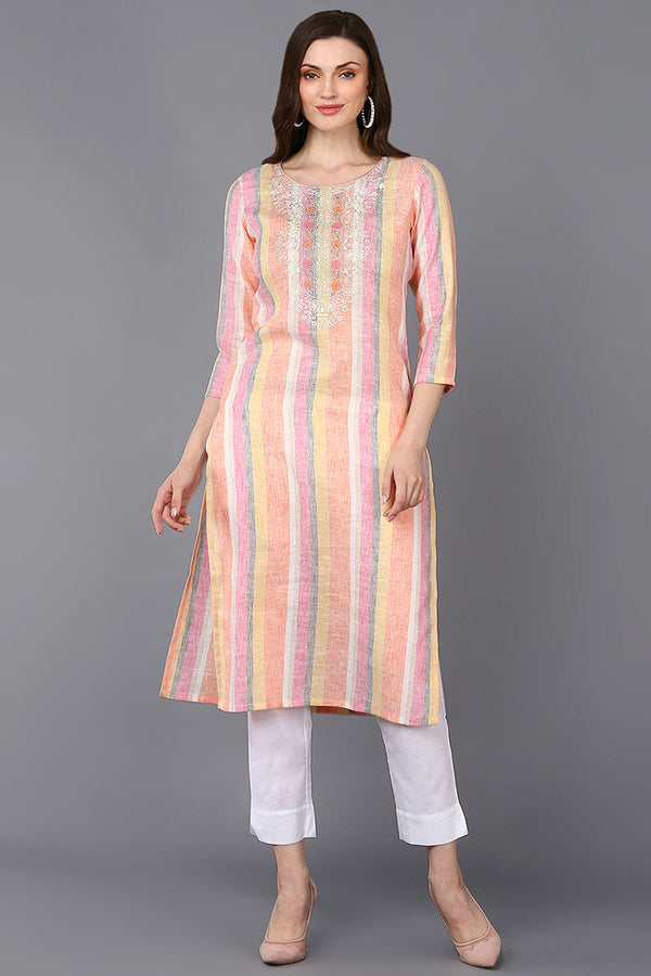 Cotton Multicolored Striped Straight Kurta  | WomensfashionFun
