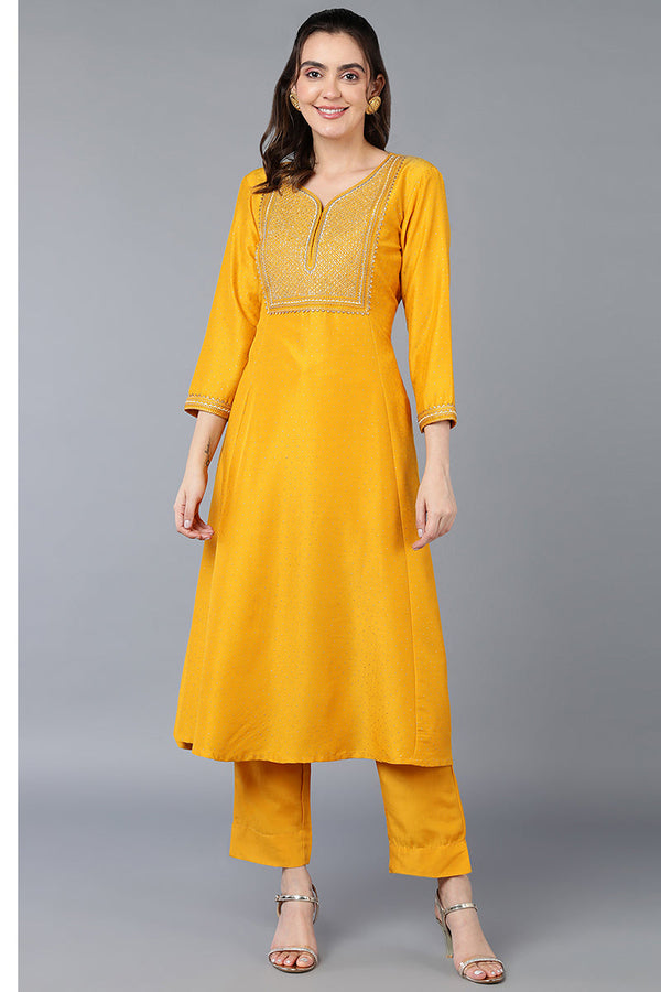 Silk Blend Yellow Embroidered Flared Kurta | WomensfashionFun