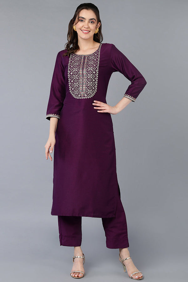 Silk Blend Purple Embroidered Straight Kurta | WomensfashionFun