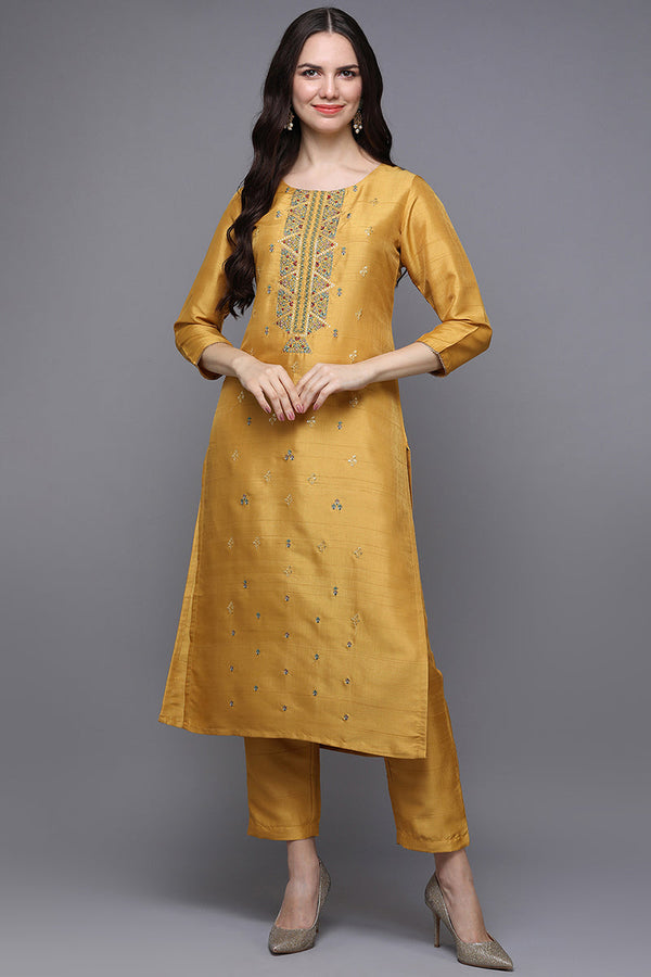 Yellow Silk Blend Ethnic Motifs Straight Kurta  | WomensfashionFun