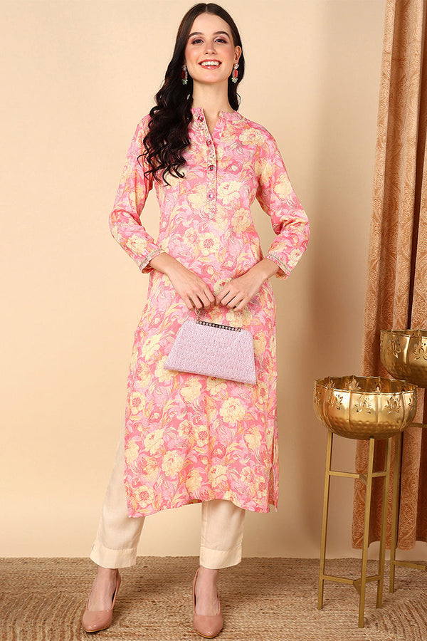 Plus Size Pink Viscose Rayon Floral Printed Kurta | WomensfashionFun
