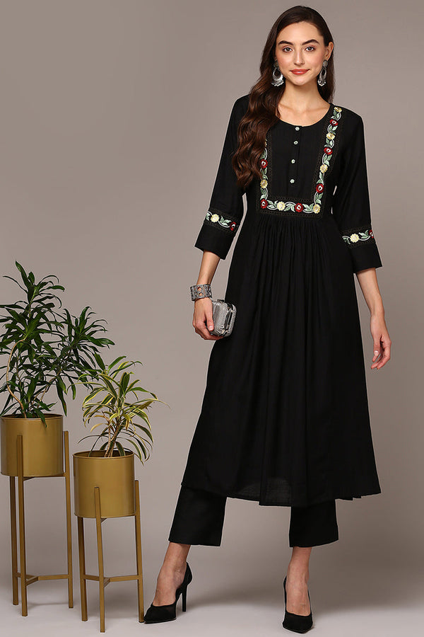 Plus Size Black Viscose Rayon Embroidered Flared Kurta | WomensfashionFun.com