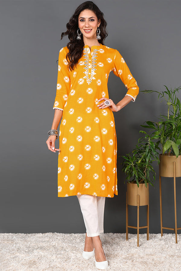 Plus Size Yellow Cotton Embroidered Ethnic Motifs Straight Kurta | WomensfashionFun.com