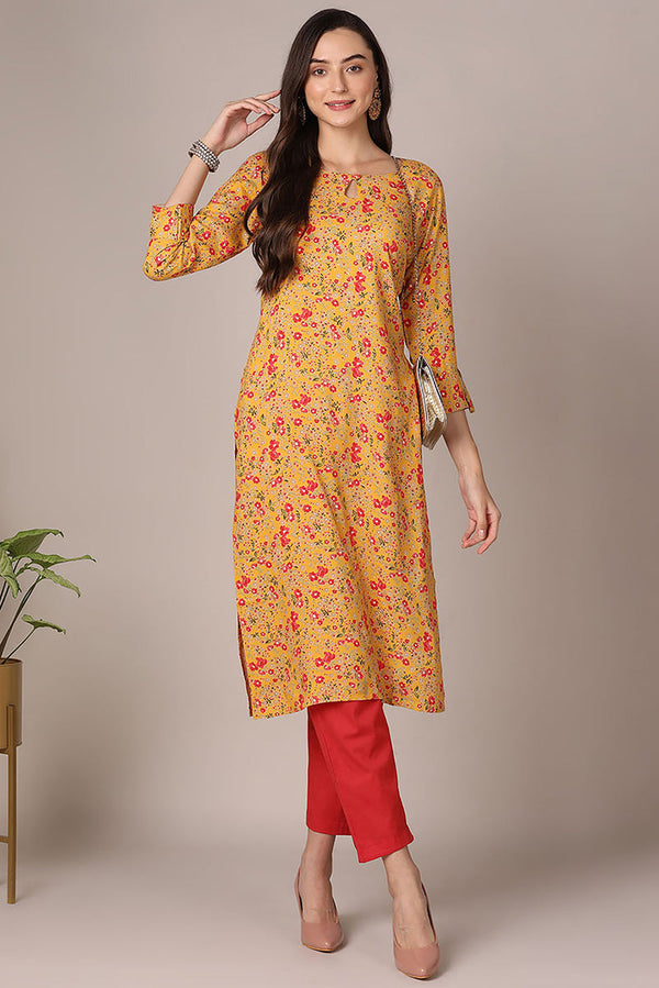 Plus Size Yellow Viscose Rayon Floral Printed Straight Kurta  | WomensfashionFun