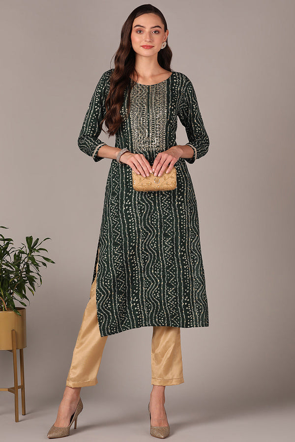 Plus Size Green Viscose Rayon Bandhani Embroidered Straight Kurta | WomensfashionFun.com