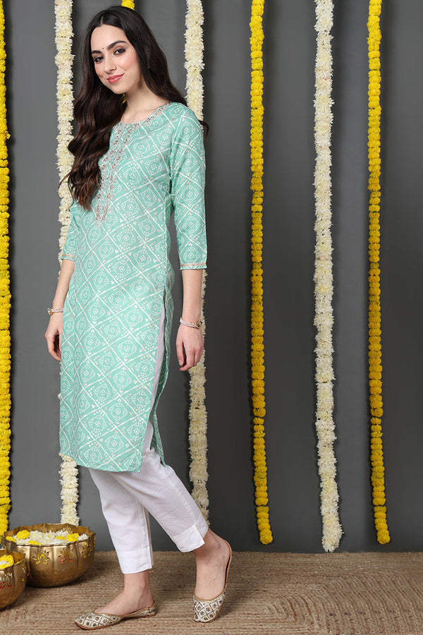 Sea Green Cotton Blend Bandhani Printed Straight Kurta | WomensfashionFun.com