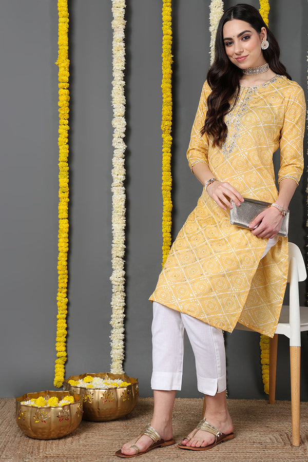 Yellow Cotton Blend Bandhani Printed Straight Kurta | WomensfashionFun.com