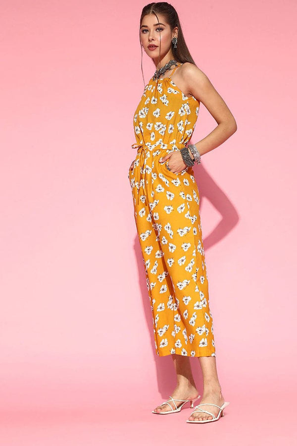 Mustard Polyester Sleeveless Floral Print Jumpsuit | WomensfashionFun