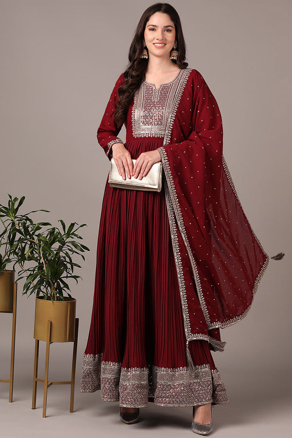 Magenta Georgette Solid Yoke Design Sequined Anarkali Kurta dupatta Set | WomensfashionFun.com