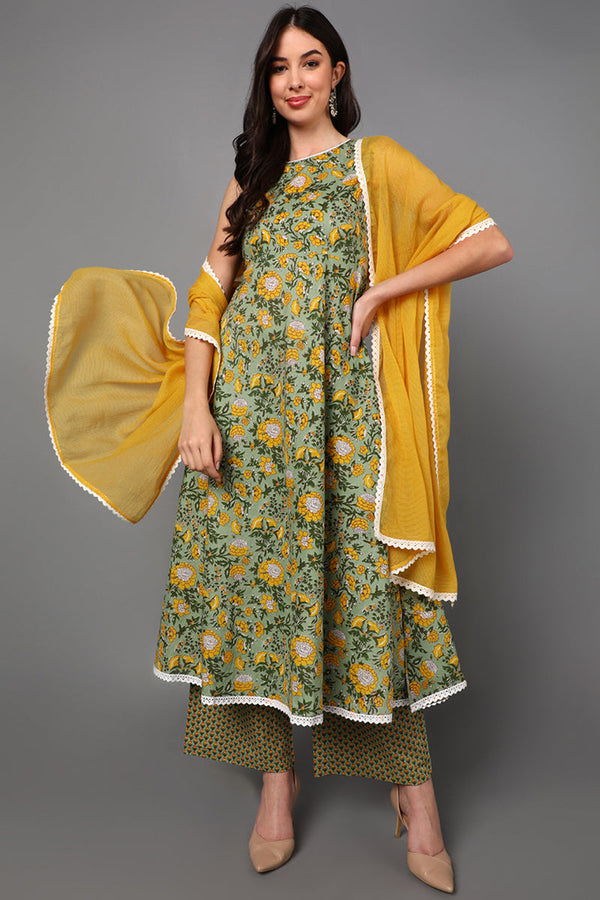 Green Pure Cotton Floral Anarkali Suit Set | WomensfashionFun.com