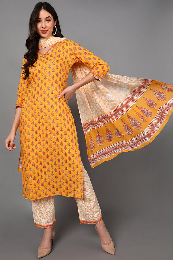 Yellow Pure Cotton Ethnic Motifs Straight Suit Set | WomensfashionFun.com