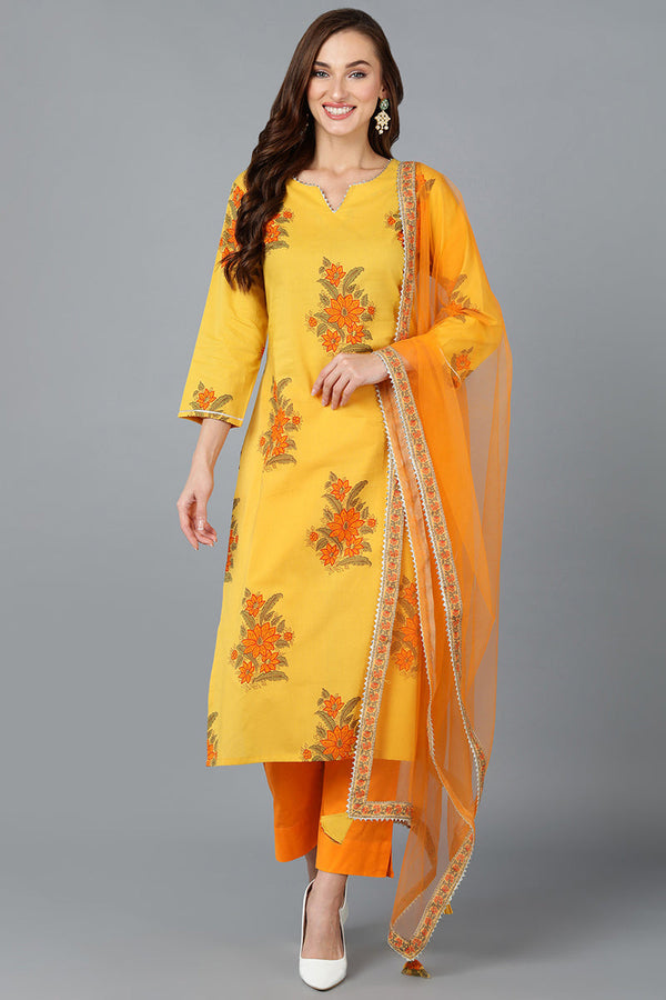 Mustard Orange Rayon Blend Floral Printed Straight Suit Set  | WomensfashionFun